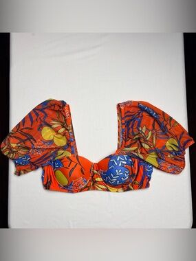 Lemon Print Puff Sleeve Bikini Top- M